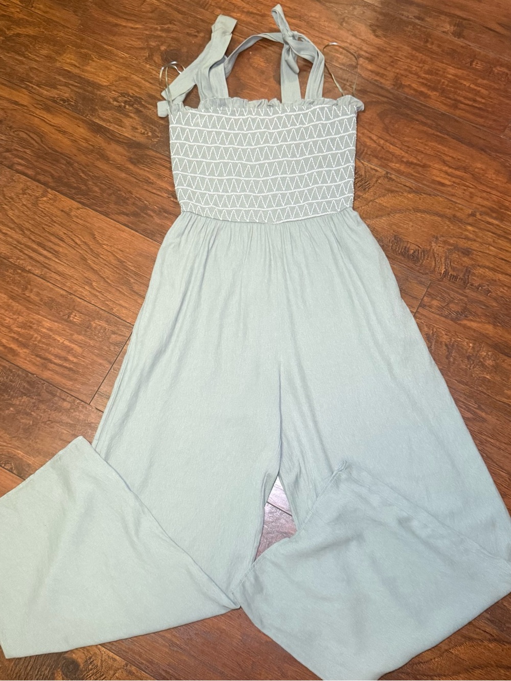 Audrey Parks x Francesca Smocked Jumpsuit M Boho Cottagecore Wide Leg Sage/Mint - Picture 8 of 15